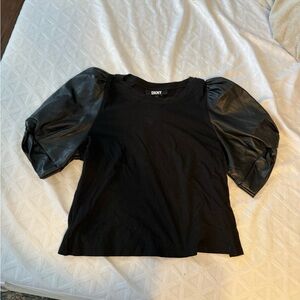 DKNY Black Short Sleeve Top with Faux Leather Sleeves